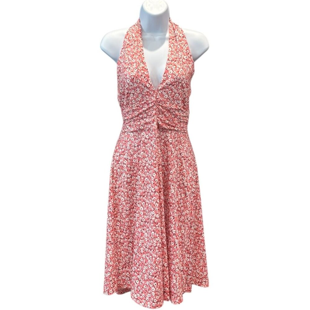 Huhot Red Floral Halter Sundress Small Vintage Fit & Flare Back Tie Summer Dress